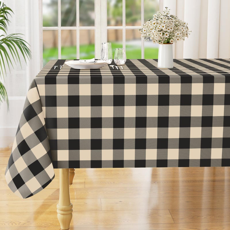 misaya Rectangle Waterproof Vinyl Table Cloth, Buffalo Flannel Backed Tablecloth, Wipeable Plastic Table Cover for Dinner, Kitchen, Outdoor (60" x 84", Black and Beige) - Image 1