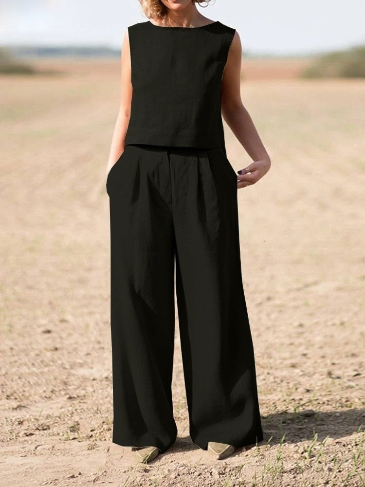 Barbora Linen Casual Sleeveless Top and Bottom Women's Set LN08SIYAH15  - Image 1