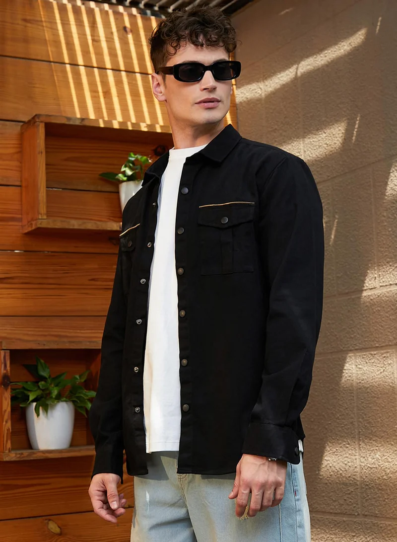 كامبوس سوترا قميص رجالي أسود أونيكس سفاري مريح للاستخدام اليومي بياقة عريضة وأكمام طويلة بأزرار