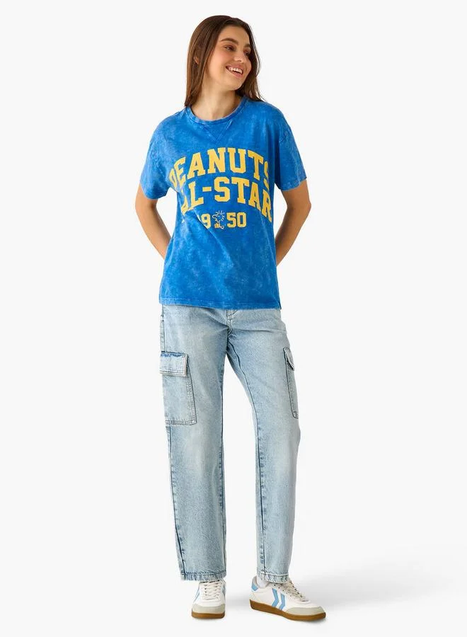 SP Characters Relaxed Fit Cotton Washed T-shirt with Snoopy Print