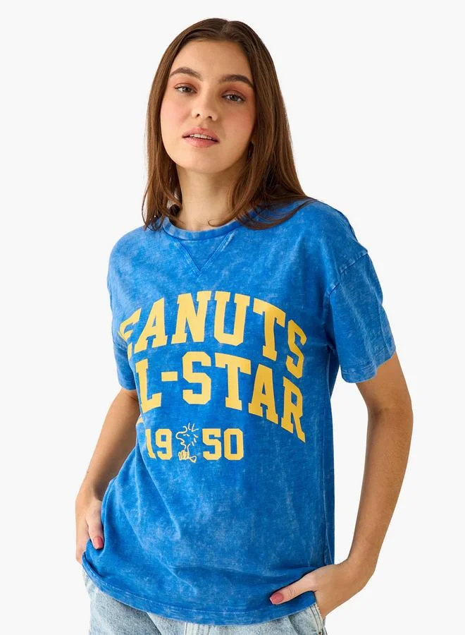 SP Characters Relaxed Fit Cotton Washed T-shirt with Snoopy Print