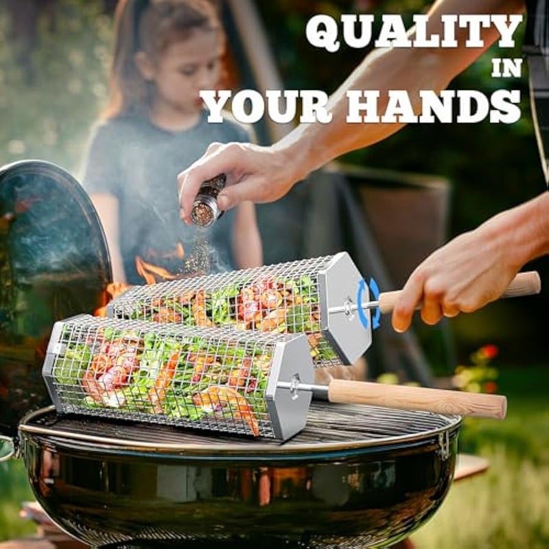 Arabest Nesting Grill Baskets (2PCS) with Removable Wooden Handle,BBQ Grill Baskets for Outdoor Grilling,Portable Grill Nets Cylinder for Shrimp,vegetable,Gifts for Men - Image 3