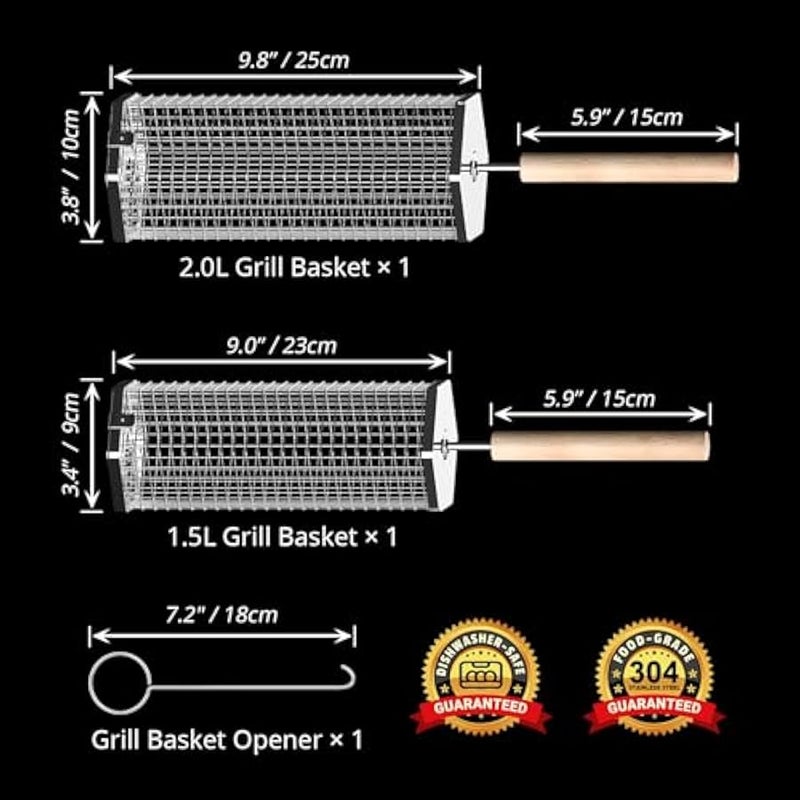 Arabest Nesting Grill Baskets (2PCS) with Removable Wooden Handle,BBQ Grill Baskets for Outdoor Grilling,Portable Grill Nets Cylinder for Shrimp,vegetable,Gifts for Men - Image 2