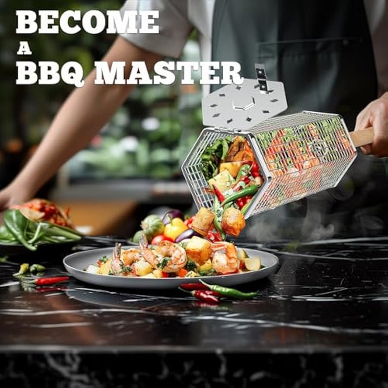 Arabest Nesting Grill Baskets (2PCS) with Removable Wooden Handle,BBQ Grill Baskets for Outdoor Grilling,Portable Grill Nets Cylinder for Shrimp,vegetable,Gifts for Men - Image 4