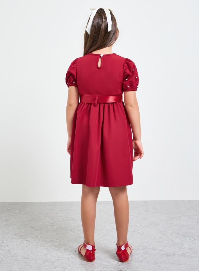 Styli Girls Puff Sleeve Dress with Bow-Tie Waist - Image 3