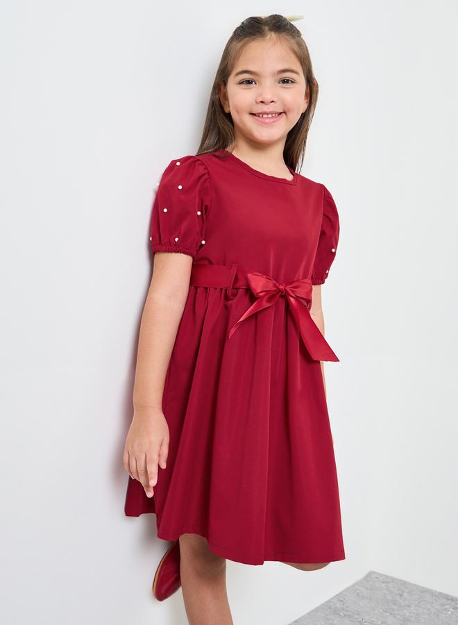 Styli Girls Puff Sleeve Dress with Bow-Tie Waist - Image 1