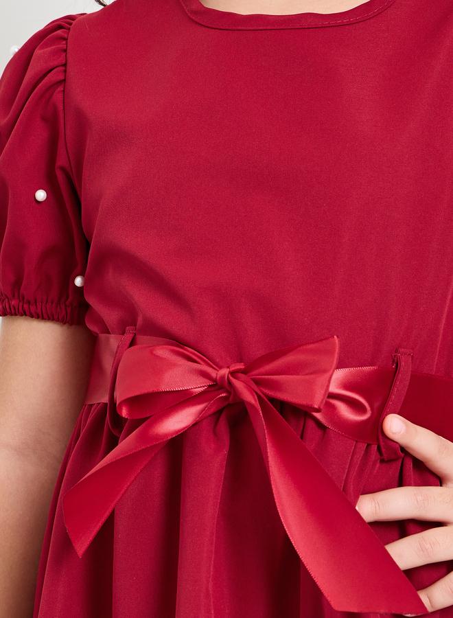 Styli Girls Puff Sleeve Dress with Bow-Tie Waist - Image 4
