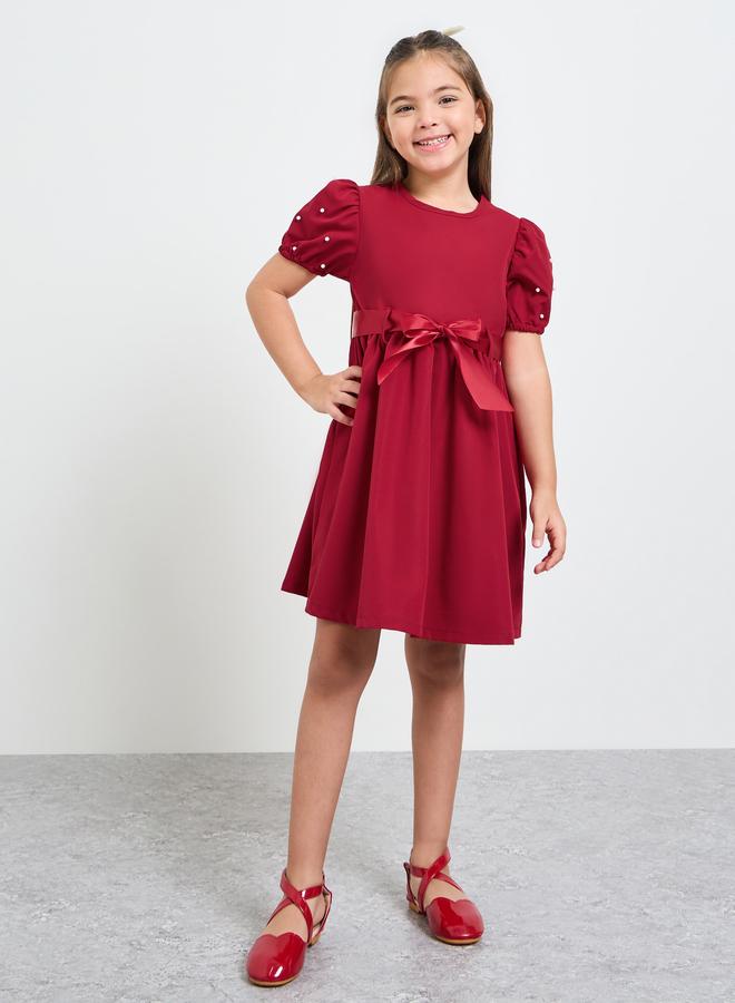 Styli Girls Puff Sleeve Dress with Bow-Tie Waist - Image 2