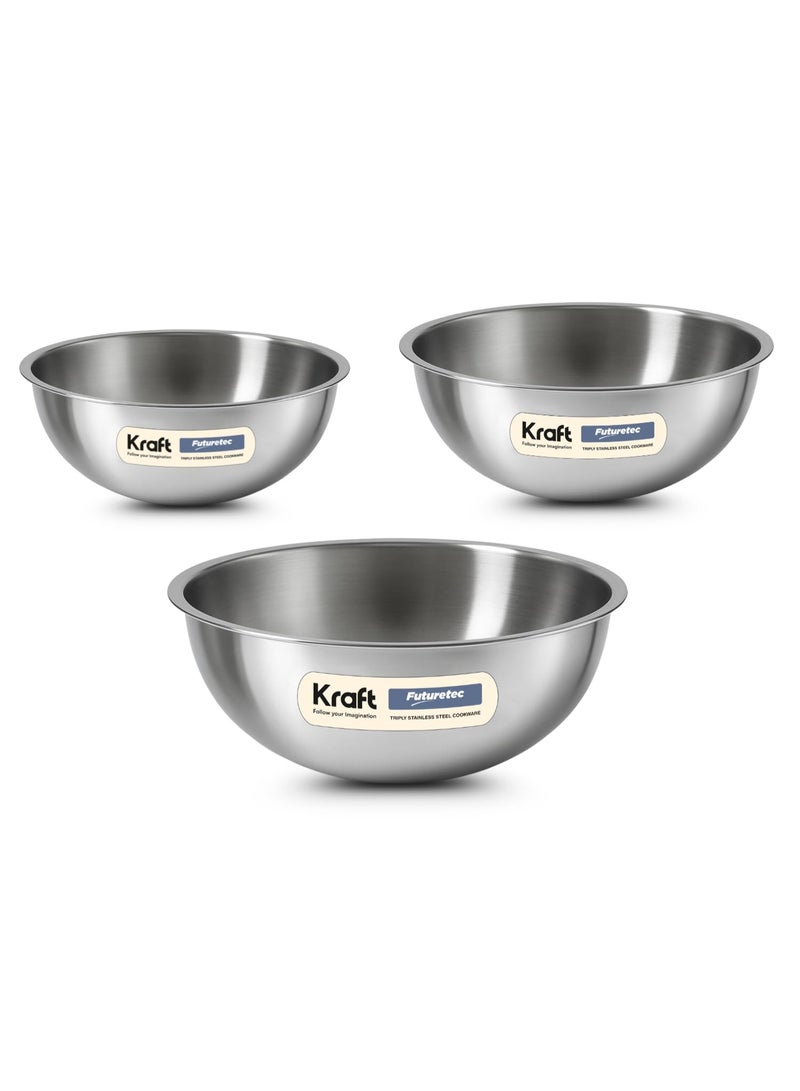 Kraft Futuretec Triply Stainless Steel Tasla Set of 3 | 1.1L, 1.5L & 2.4L Extra Deep Kadhai | 18/8 Food Grade | Less Oil Healthy Cooking | Stackable Design | Induction & Gas | 2.5mm | BPA & PFOA Free - Image 1