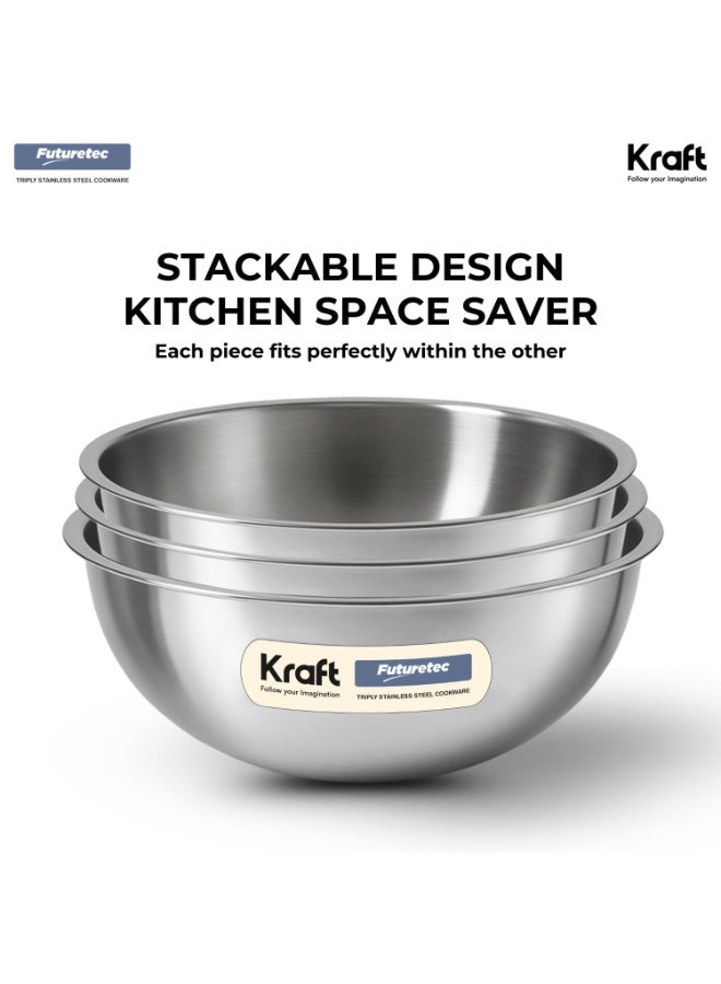 Kraft Futuretec Triply Stainless Steel Tasla Set of 3 | 1.1L, 1.5L & 2.4L Extra Deep Kadhai | 18/8 Food Grade | Less Oil Healthy Cooking | Stackable Design | Induction & Gas | 2.5mm | BPA & PFOA Free - Image 2