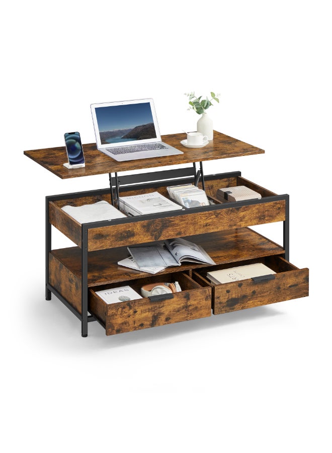 VASAGLE Lift Top Coffee Table, Living Room Table, with Storage Drawers, Hidden Compartments, and Open Shelf, Rustic Brown and Ink Black - Image 1