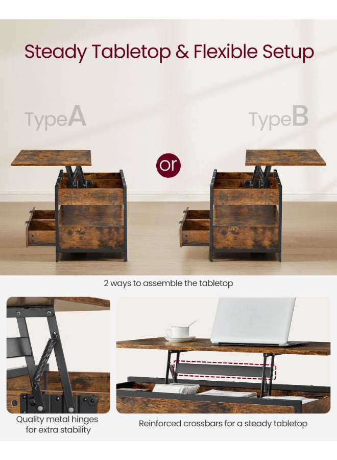 VASAGLE Lift Top Coffee Table, Living Room Table, with Storage Drawers, Hidden Compartments, and Open Shelf, Rustic Brown and Ink Black - Image 5