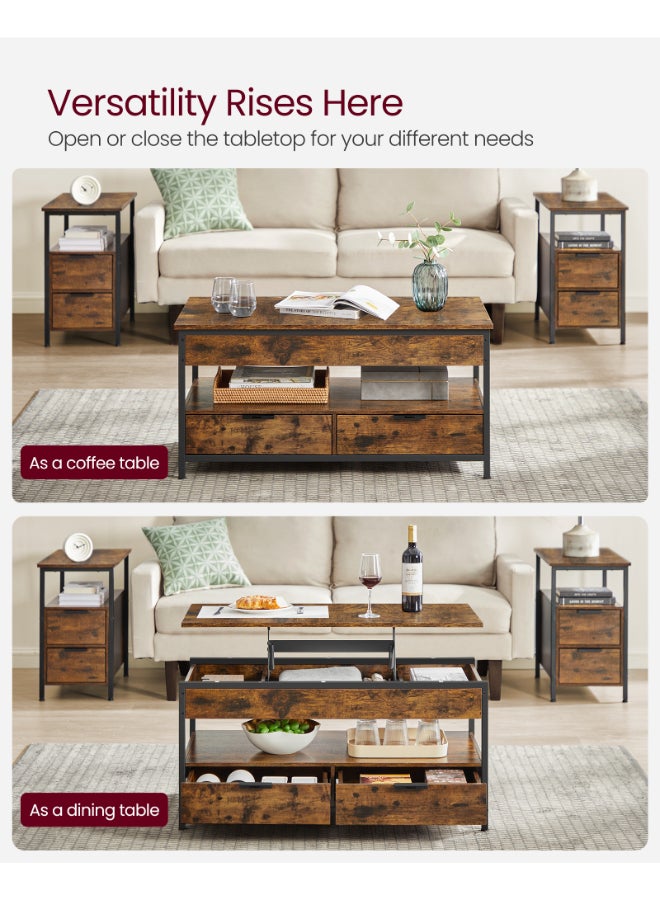 VASAGLE Lift Top Coffee Table, Living Room Table, with Storage Drawers, Hidden Compartments, and Open Shelf, Rustic Brown and Ink Black - Image 3