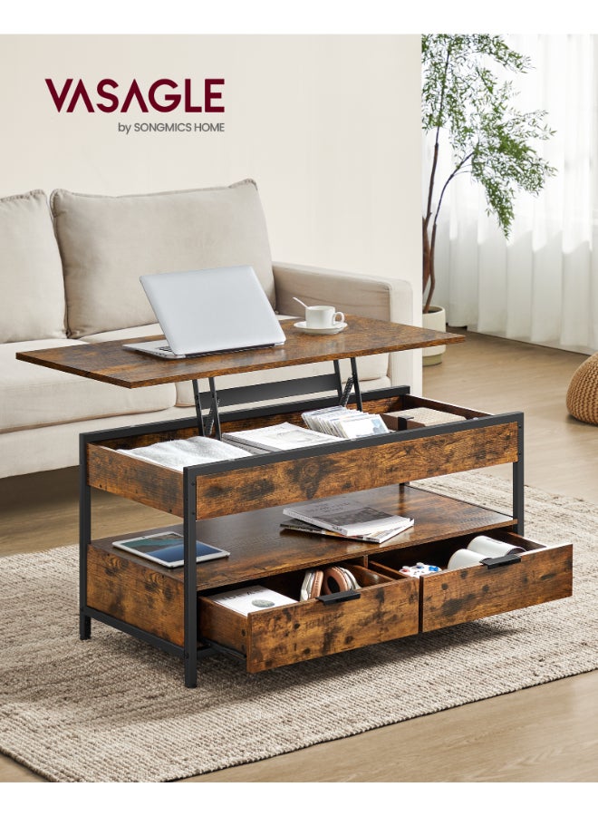 VASAGLE Lift Top Coffee Table, Living Room Table, with Storage Drawers, Hidden Compartments, and Open Shelf, Rustic Brown and Ink Black - Image 2