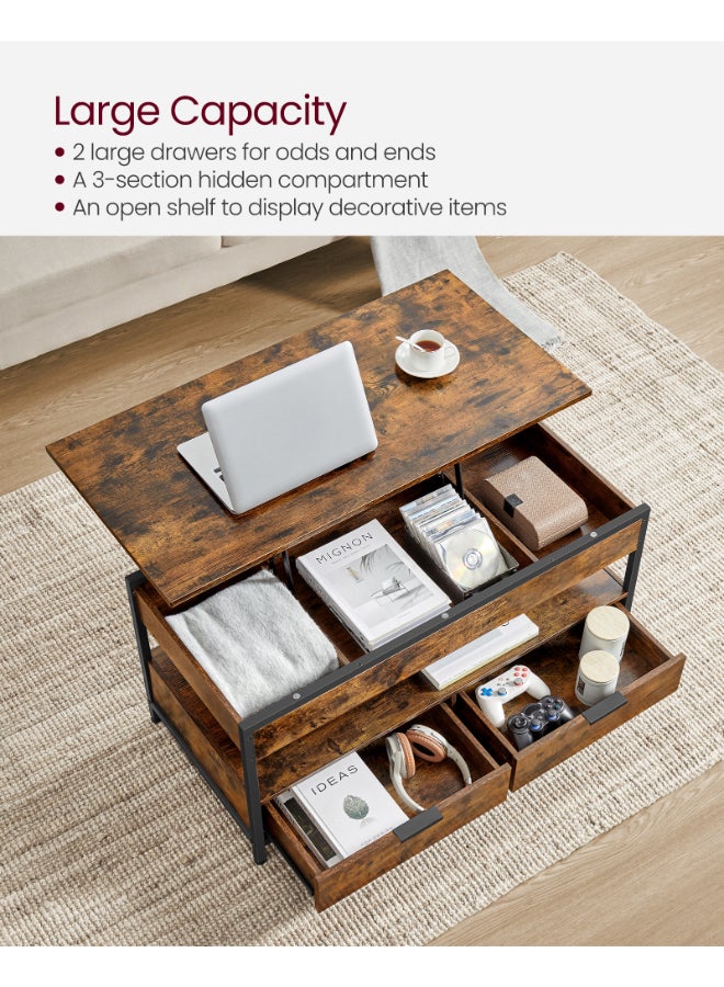 VASAGLE Lift Top Coffee Table, Living Room Table, with Storage Drawers, Hidden Compartments, and Open Shelf, Rustic Brown and Ink Black - Image 4