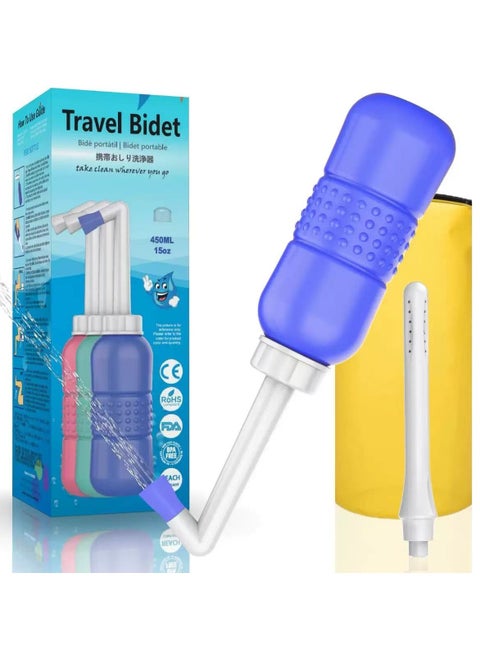 2 in 1 Portable Bidet, 450ml Travel 15oz Handheld Personal Empty Bottle, Childbirth Cleaner for Women,Men,Baby,Personal Hygiene Outdoor,Camping,Travling,with waterproof storage bag(Blue)