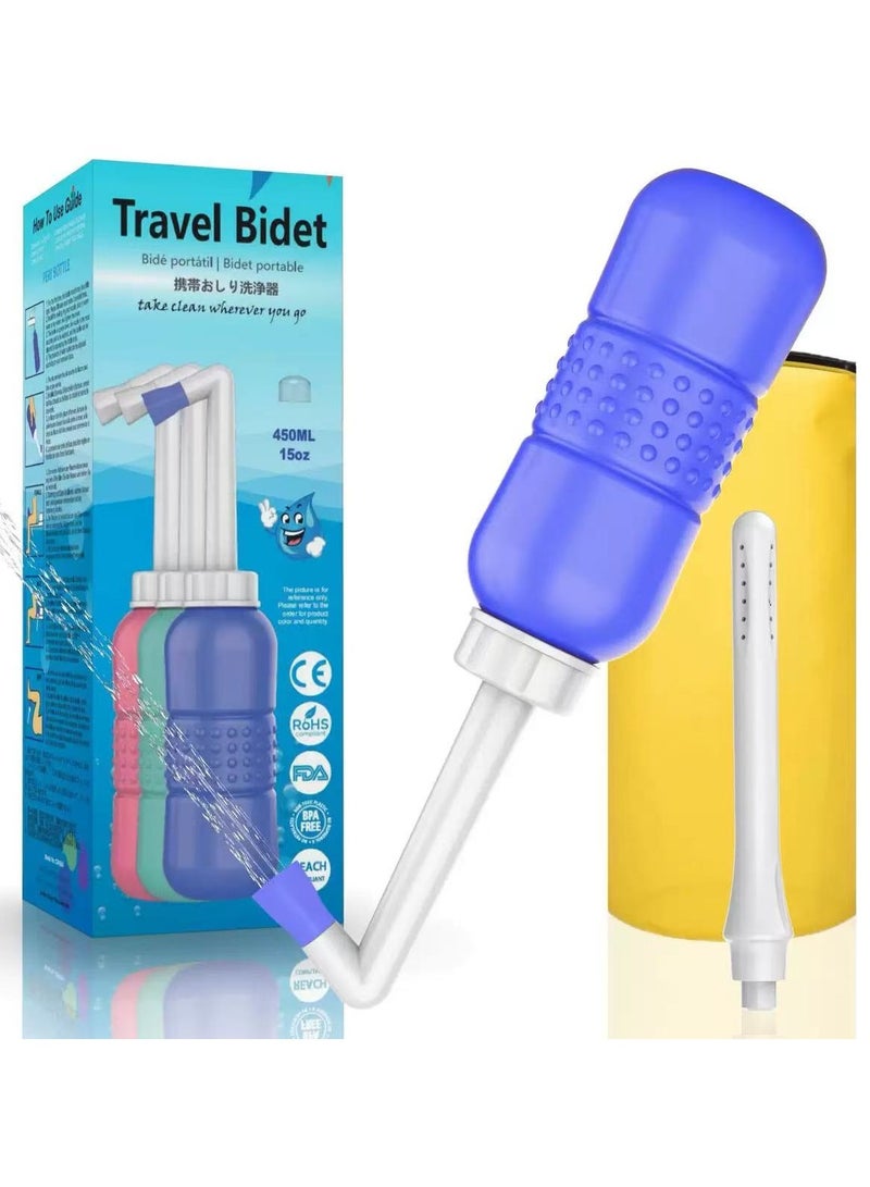 2 in 1 Portable Bidet, 450ml Travel 15oz Handheld Personal Empty Bottle, Childbirth Cleaner for Women,Men,Baby,Personal Hygiene Outdoor,Camping,Travling,with waterproof storage bag(Blue)  - Image 1