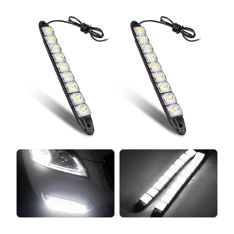 HIPOPY 2Pcs 9 LED Daytime Running Strip Lights DRL Kit Flexible Bright Spot Fog Lamp High Power Clearance Light Auto Accessories Universal Fit Many Cars White