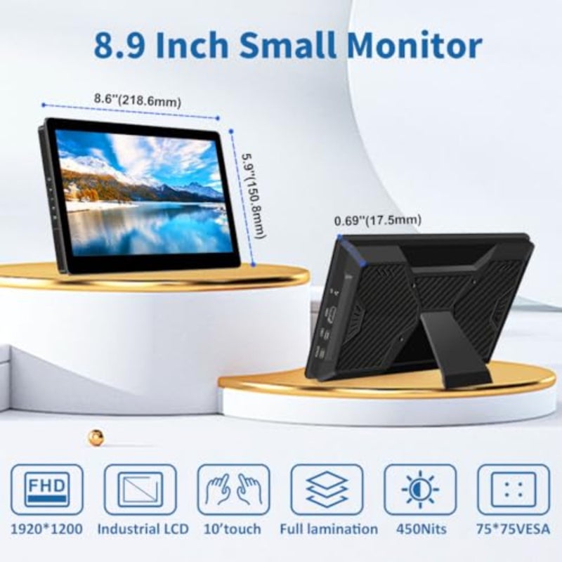 8.9 Inch Portable Monitor Touchscreen With Stand 1920 * 1200 16:10 450Nits Optical Bonding HDMI/USB-C Small Display for Ras Pi Mini PC Laptop Mac - Image 2