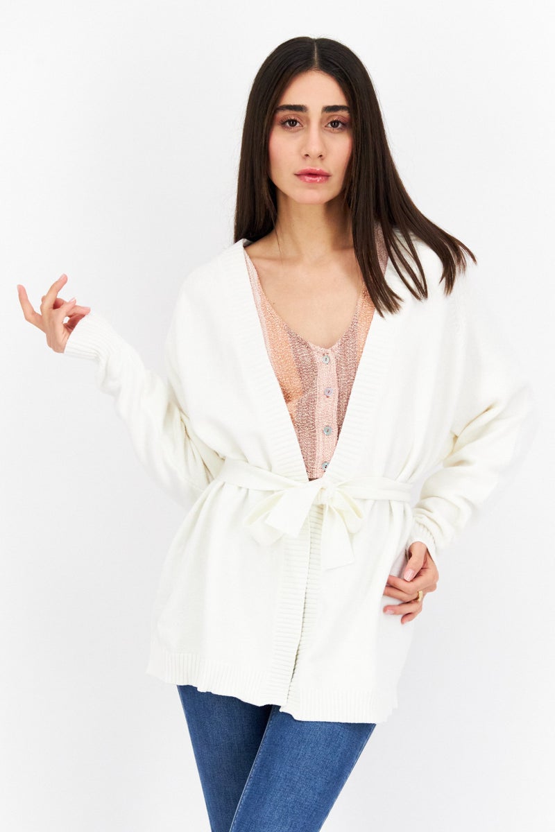 Weworewhat Women Split Neck Belted Textured Cardigan, Ivory - Image 1