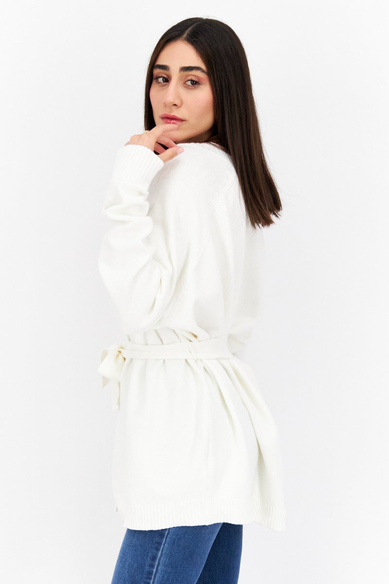 Weworewhat Women Split Neck Belted Textured Cardigan, Ivory - Image 3