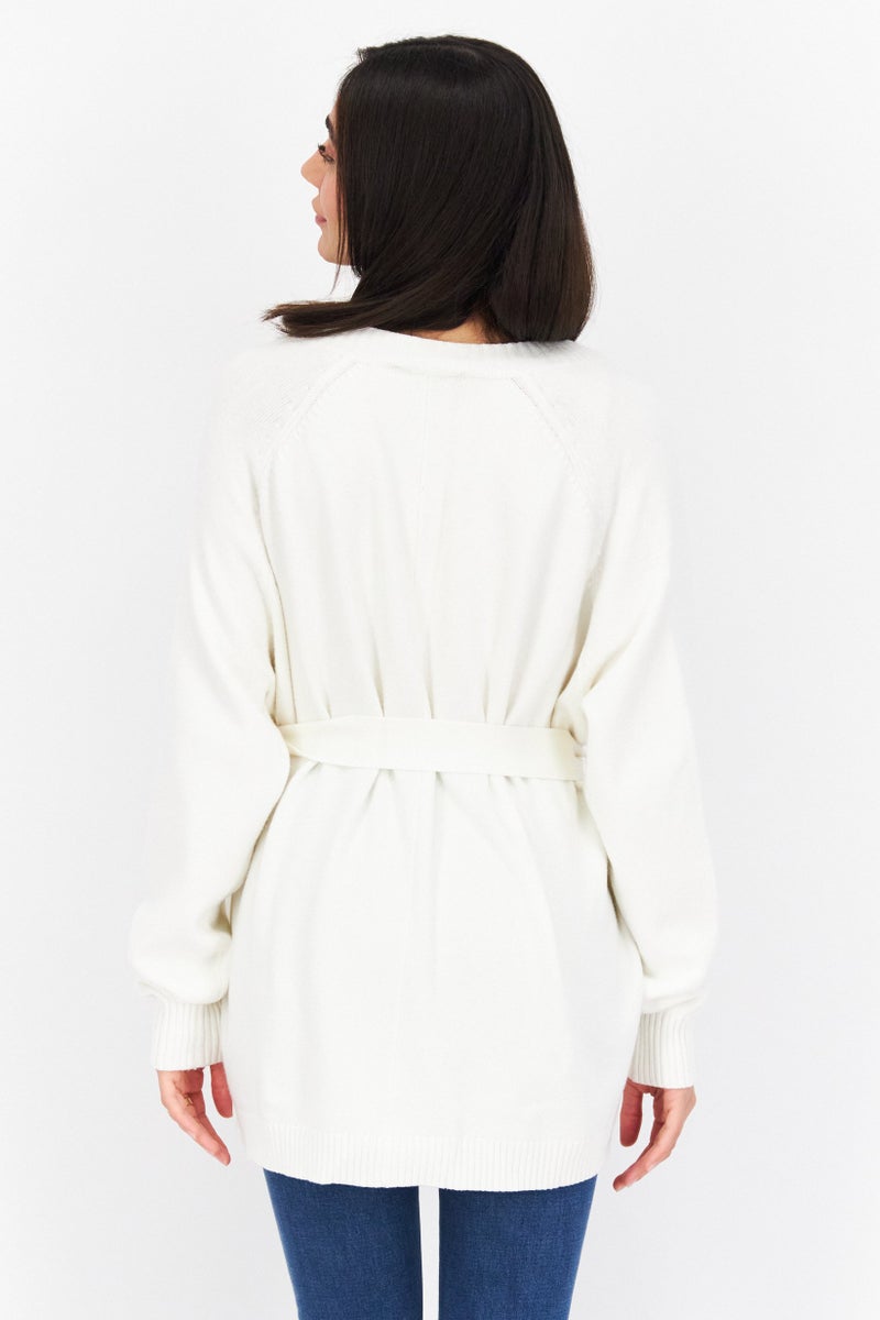 Weworewhat Women Split Neck Belted Textured Cardigan, Ivory - Image 4