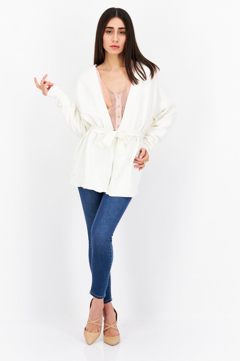 Weworewhat Women Split Neck Belted Textured Cardigan, Ivory - Image 2
