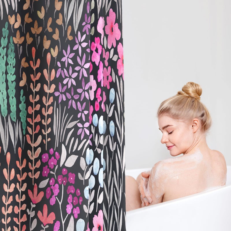 MAYZUS Black Floral Shower Curtain 60x72  Hot Pink Boho Flower Fabric Shower Curtain  Cute Funky Watercolor Wildflower Shower Curtain Set  Cottagecore Bohemian Bathroom Decor - Image 2