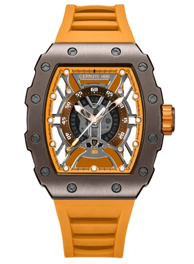 CERRUTI 1881 Men's Cerruti 1881 Gubbio Watch for Men - Tonneau Structure Dial with Orange Accents, Orange Silicone Strap