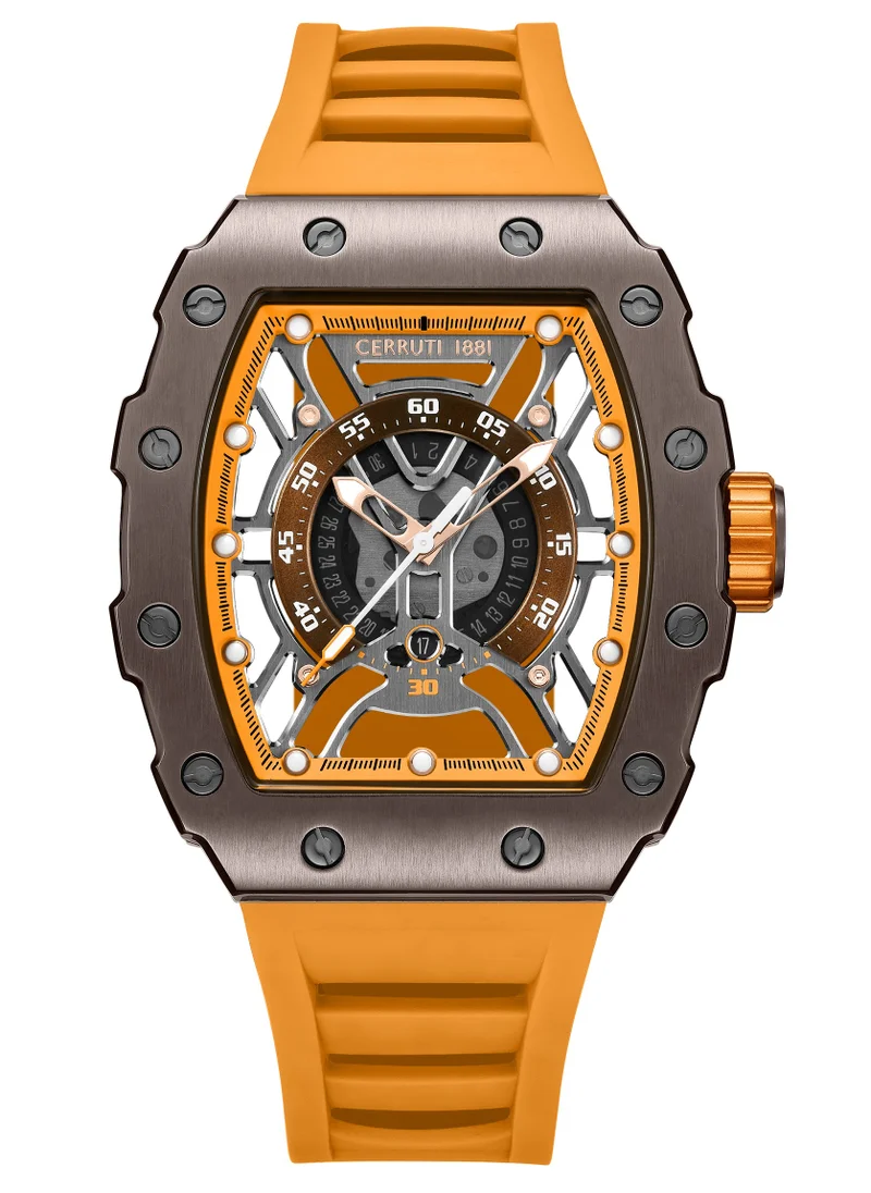 CERRUTI 1881 Cerruti 1881 Gubbio Watch for Men - Tonneau Structure Dial with Orange Accents, Orange Silicone Strap