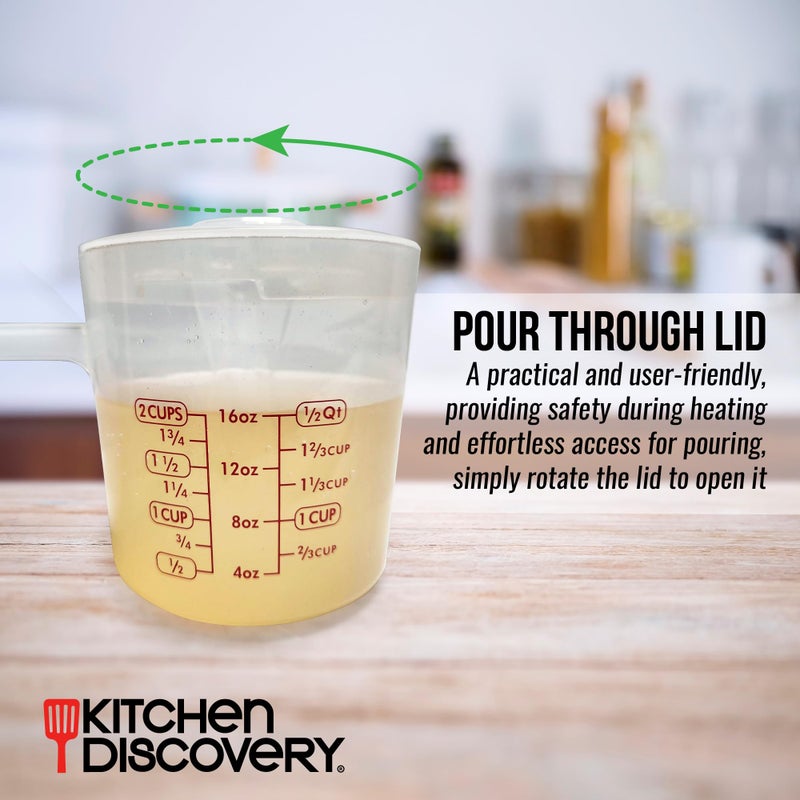 Kitchen Discovery Microwavable Measuring Cup â€“ Kitchen Discovery â€“ 2 Cup Plastic Measuring Cup with Spout, Lid, and Extended Handle for Safe Boiling and Pouring â€“ Microwave Safe Measuring Cup - Image 4