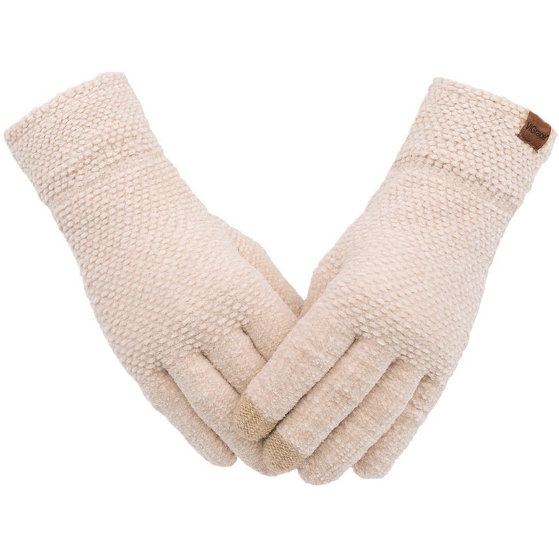 ViGrace Winter Touchscreen Gloves for Women Chenille Warm Cable Knit with 3 Touch Screen Fingers Texting Driving Elastic Cuff Thermal Glove(Beige,Large) - Image 1