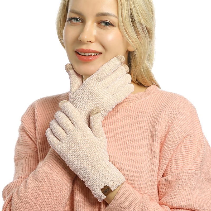 ViGrace Winter Touchscreen Gloves for Women Chenille Warm Cable Knit with 3 Touch Screen Fingers Texting Driving Elastic Cuff Thermal Glove(Beige,Large) - Image 2