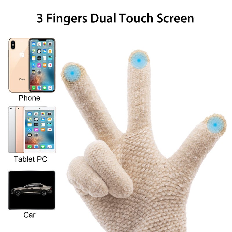 ViGrace Winter Touchscreen Gloves for Women Chenille Warm Cable Knit with 3 Touch Screen Fingers Texting Driving Elastic Cuff Thermal Glove(Beige,Large) - Image 4
