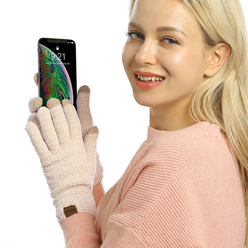 ViGrace Winter Touchscreen Gloves for Women Chenille Warm Cable Knit with 3 Touch Screen Fingers Texting Driving Elastic Cuff Thermal Glove(Beige,Large) - Image 3
