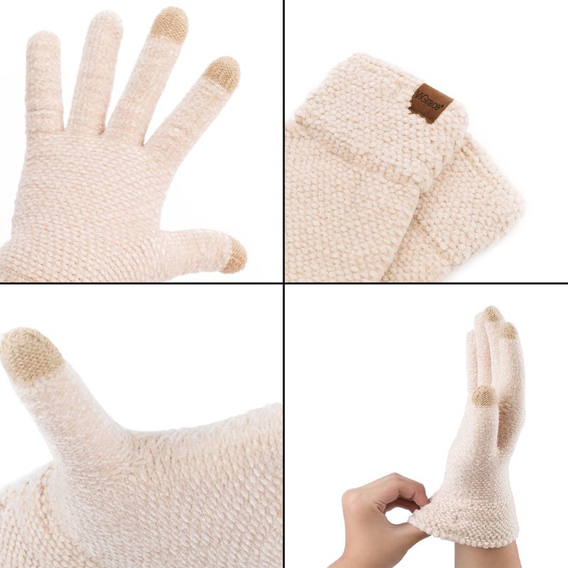 ViGrace Winter Touchscreen Gloves for Women Chenille Warm Cable Knit with 3 Touch Screen Fingers Texting Driving Elastic Cuff Thermal Glove(Beige,Large) - Image 5