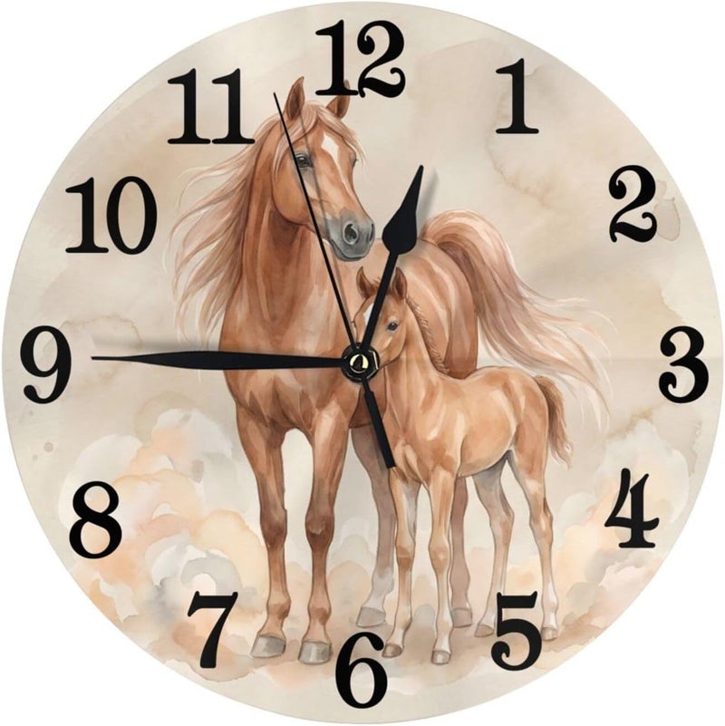Abucaky Horses Print Wall Clock Battery Operated Silent Round Clock Wall Decor for Home Office School, 9.8 Inch - Image 1