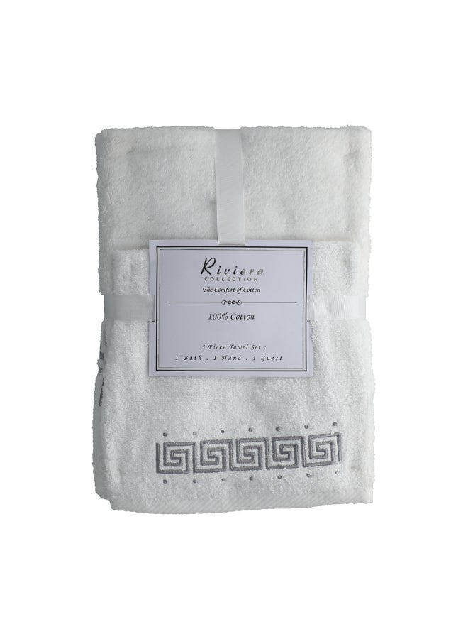Riviera 3-Piece Embroidered Cotton Towel Set White and Grey  7 x 26 x 33 cm R3-SET-EMB-7 - Image 2