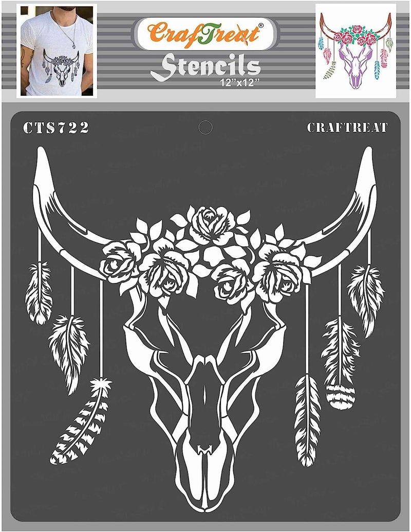 CrafTreat CrafTreat Reusable Bull Stencil for Painting on Wood - Boho Skull Stencil - Size:12"X12" Inches - Animal Stencils for Fabric Painting - Skull Stencils for Airbrushing - Bull Head Stencil - Image 1