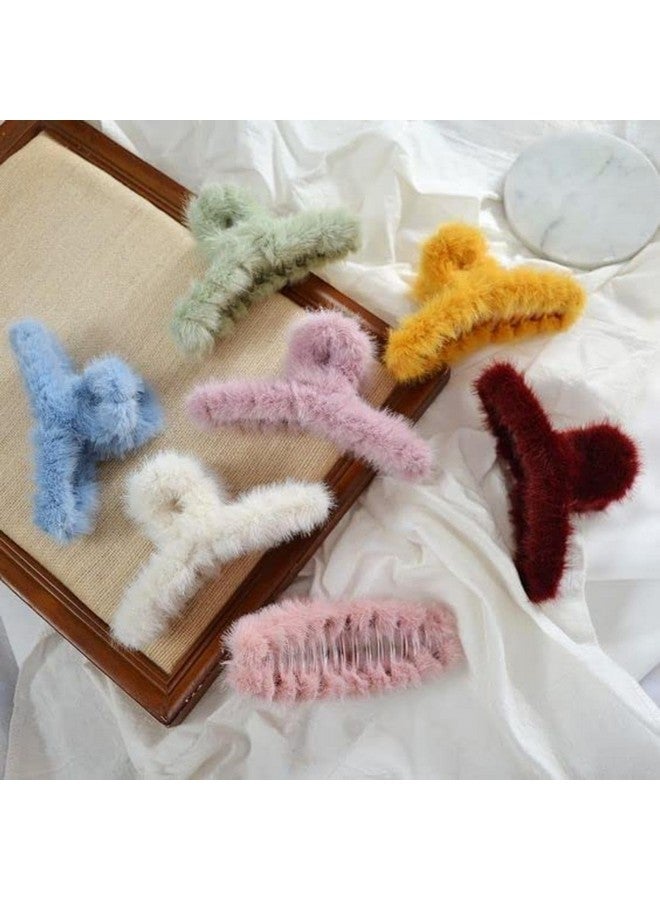 DN Creation Set of 3 Cute Soft Faux Rabbit Fleece Fur Curve, Non Slip Large Barrettes Large Fuzzy Hair Clips Claw Clutcher,Hair Styling Accessories For Women & Girls - Random Color - Image 1