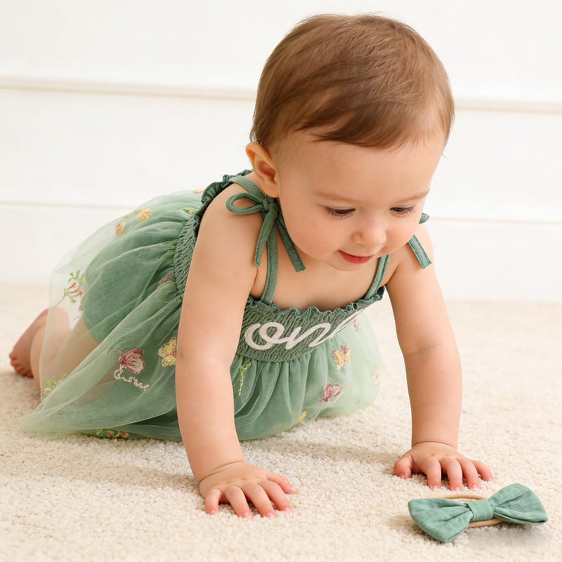 TITKKOP Baby Girl 1st Birthday Clothes One Year Old Tulle Romper Sleeveless Bodysuit Cake Smash Outfits(Green,9-12M) - Image 5