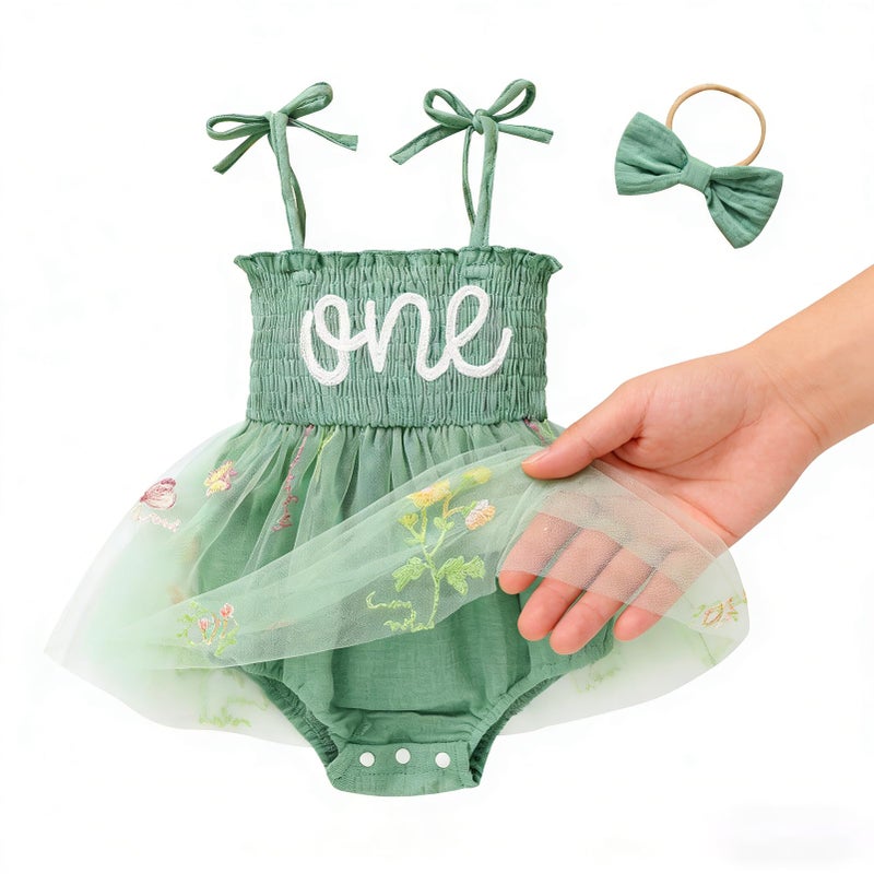 TITKKOP Baby Girl 1st Birthday Clothes One Year Old Tulle Romper Sleeveless Bodysuit Cake Smash Outfits(Green,9-12M) - Image 3