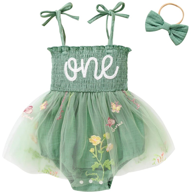 TITKKOP Baby Girl 1st Birthday Clothes One Year Old Tulle Romper Sleeveless Bodysuit Cake Smash Outfits(Green,9-12M) - Image 1