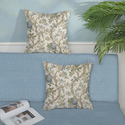 GOLIANDA Blue Green Floral Bird Pillow Covers 16x16 Set of 2 Chinoiserie Throw Pillows Green Vintage Flowers Bird Decorative Pillow Cases Outdoor Chinoiserie Decor Farmhouse Cushion Case for Couch Sofa - Image 3