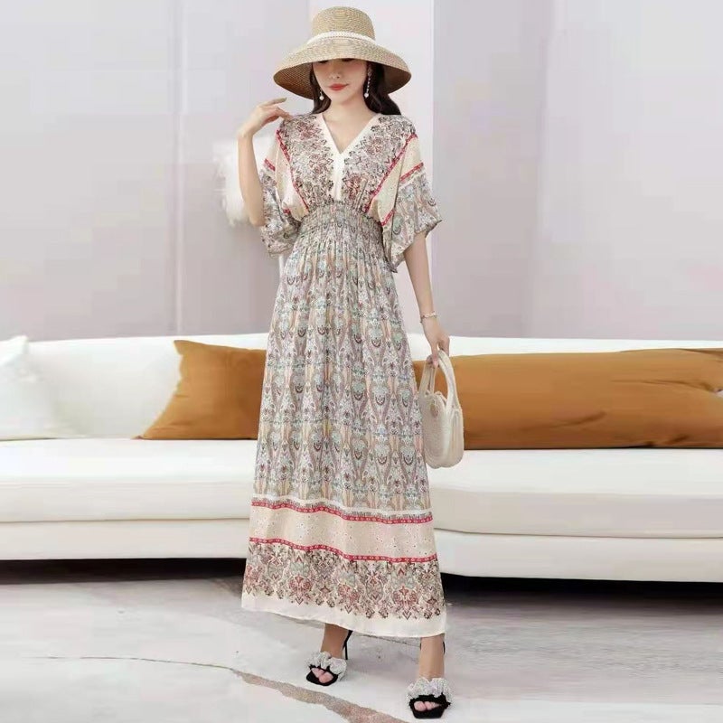 Ethnic Style V-neck Cotton Silk Short-sleeved French Style Thai Style Floral dress Womens Summer Printed Pastoral Style Skirt for Vacation 9 flowers. 