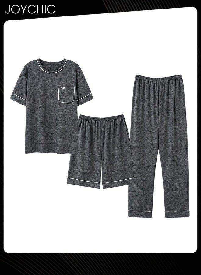 NIBEMINENT 3 Piece Solid Color Men's Pajamas Short-sleeved +Shorts+ Trouser Set Casual Modal Breathable Wear-resistant Sleepwear Youth Homewear for Spring Summer Autumn Dark Grey - Image 1