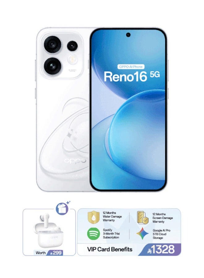 OPPO Reno16 5G Dual SIM and eSIM Pop White 8GB RAM 256GB with FREE Enco Buds 3 Pro, Google Cloud Storage, Spotify Premium and VIP Card Warranty – Middle East Version - Image 1