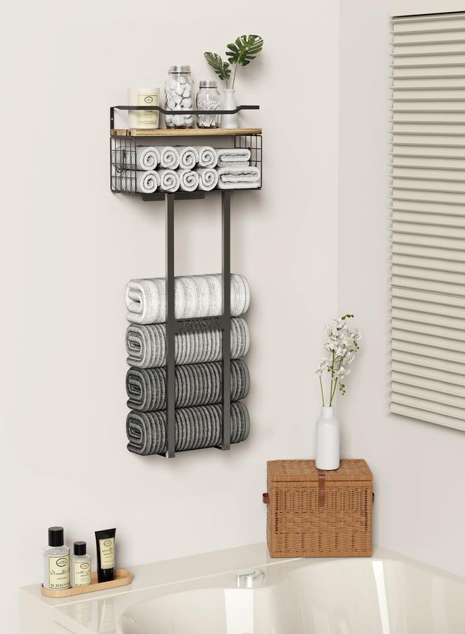 Aetyord Towel Racks for Bathroom - Wall Mounted Metal Rack with Wood Plank, Bathroom Storage Organizer, Towel Holder Stores 6 Large Rolled Towels Easily, Black with Wood Plank - Image 4
