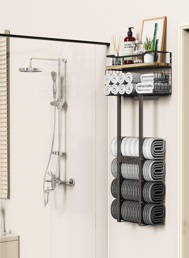 Aetyord Towel Racks for Bathroom - Wall Mounted Metal Rack with Wood Plank, Bathroom Storage Organizer, Towel Holder Stores 6 Large Rolled Towels Easily, Black with Wood Plank - Image 3
