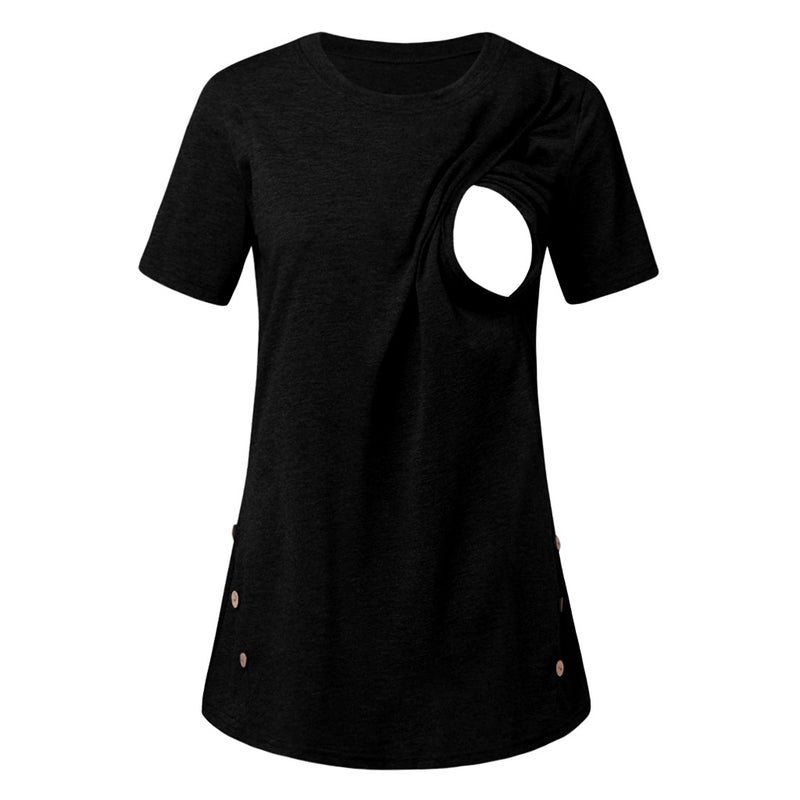 2020 EBAY new European and American fashion pregnant women breastfeeding spring and autumn short-sleeved twist button T-shirt top color Dark gray S - Image 2